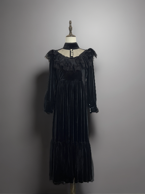 Gothic Black Velvet Dress Long Sleeve s with Floral Accents - Victorian Style Dress with Lace Accents Plus Size